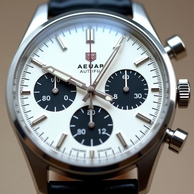 Primo piano dell'orologio Heuer Autavia Jo Siffert con quadrante bianco e contatori neri.
